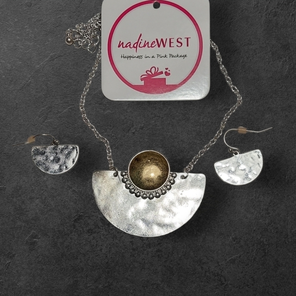 NWT Nadine West Silver and Gold Hammered Half Circles Necklace ER Set